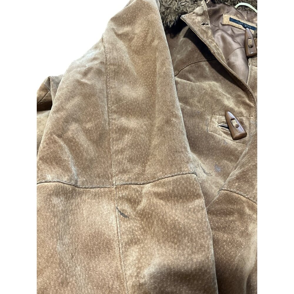 Vintage Suburbia Leather Suede Shearling Trim Coat Womens Xl Brown Toggle Button - Picture 7 of 14